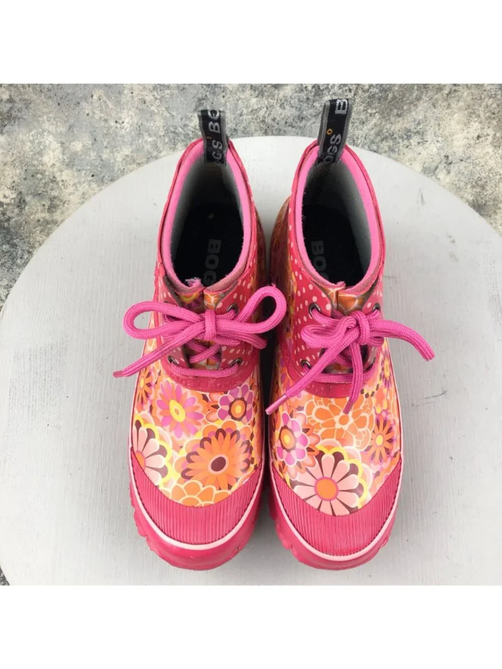 Bogs Kids Size 6 Charlot Pink Orange Floral Print Lace-Up Ankle Rain Boots